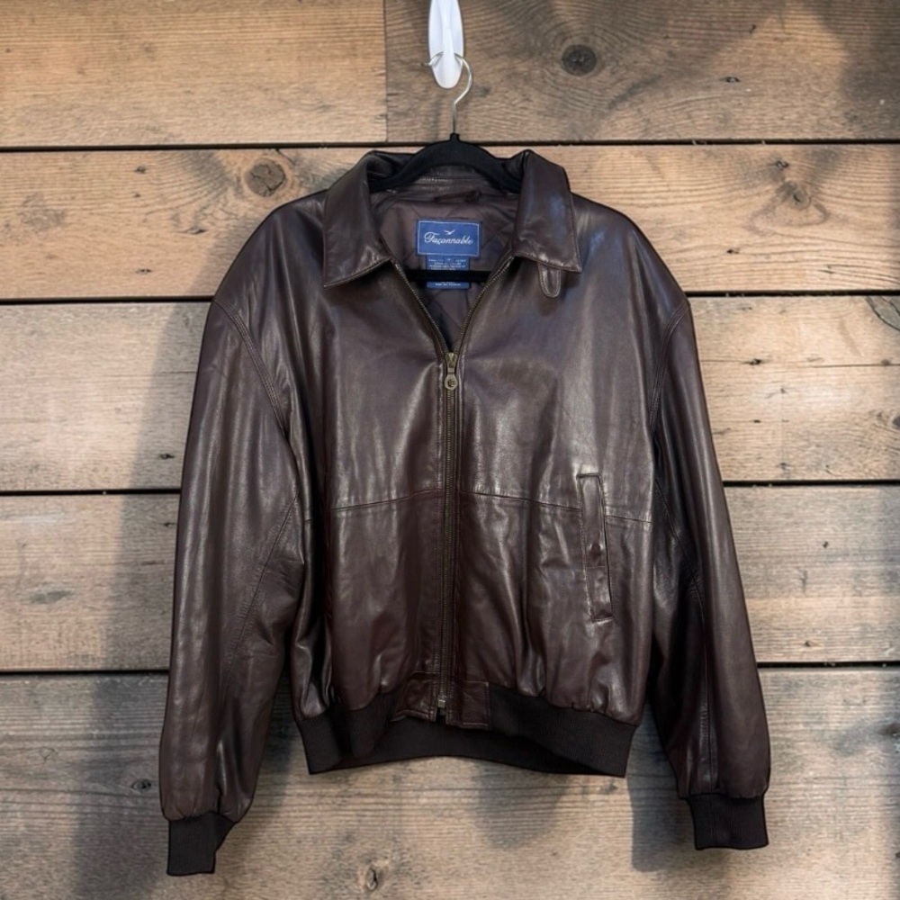 Y2K Vintage 90s Faconnable Bomber Jacket Men Medium Brown Lambskin Leather